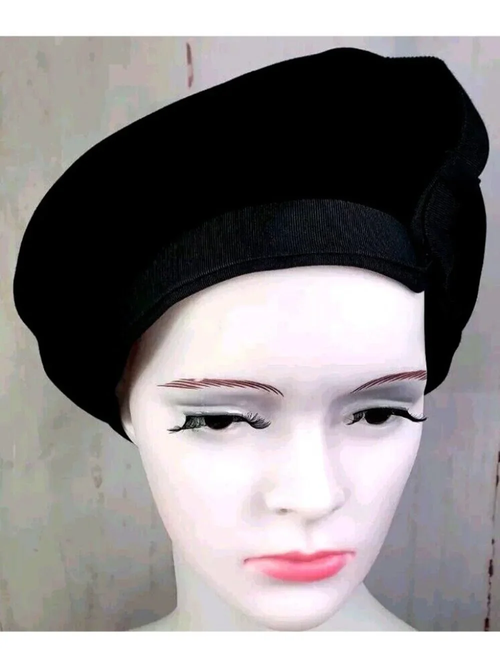 Vtg Union Black Velvet Slouch Beret Cap Hat Ribbon United Hatters Millinery MED